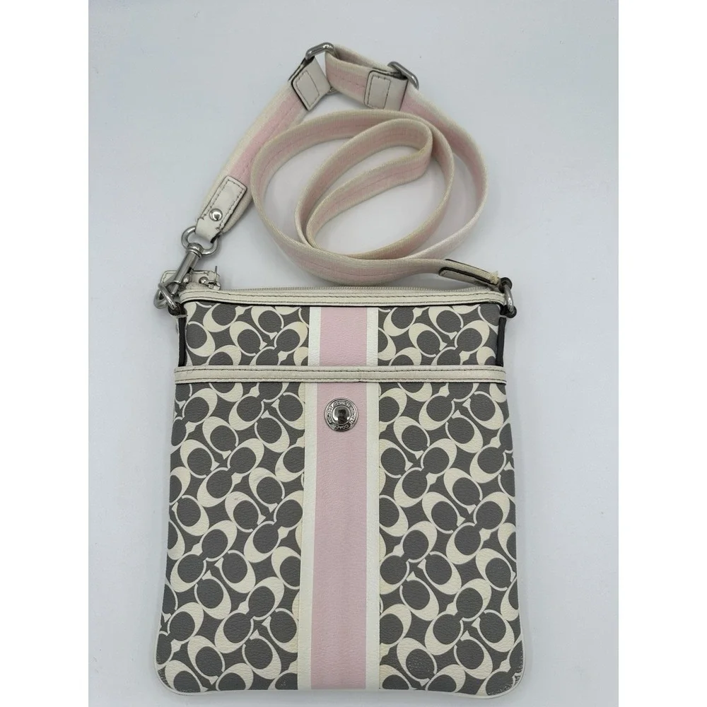 Coach Crossbody Bag Signature Monogram Coated Gray/Pink Leather